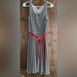 Elle black and white striped dress with red ribbon around waist, M